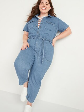 Tie-Belt No-Peek Plus-Size Short-Sleeve Jean Jumpsuit | Old Navy (US)