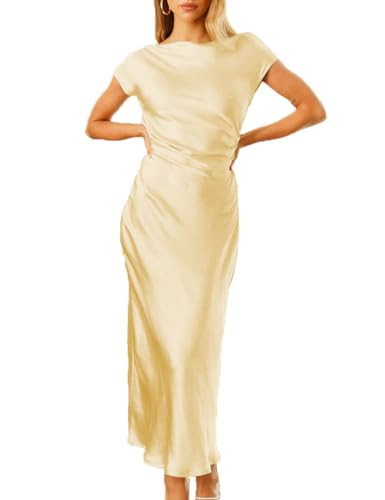 2025 Satin Cap Sleeve Cowl Back Summer Dresses for Women Elegant Ruched Waist Wedding Guest Midi Dress | Amazon (US)