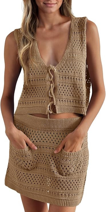 Saodimallsu Womens Crochet Swim Cover Up 2 Piece V Neck Sleeveless Front Tie Crop Tops Beach Mini... | Amazon (US)