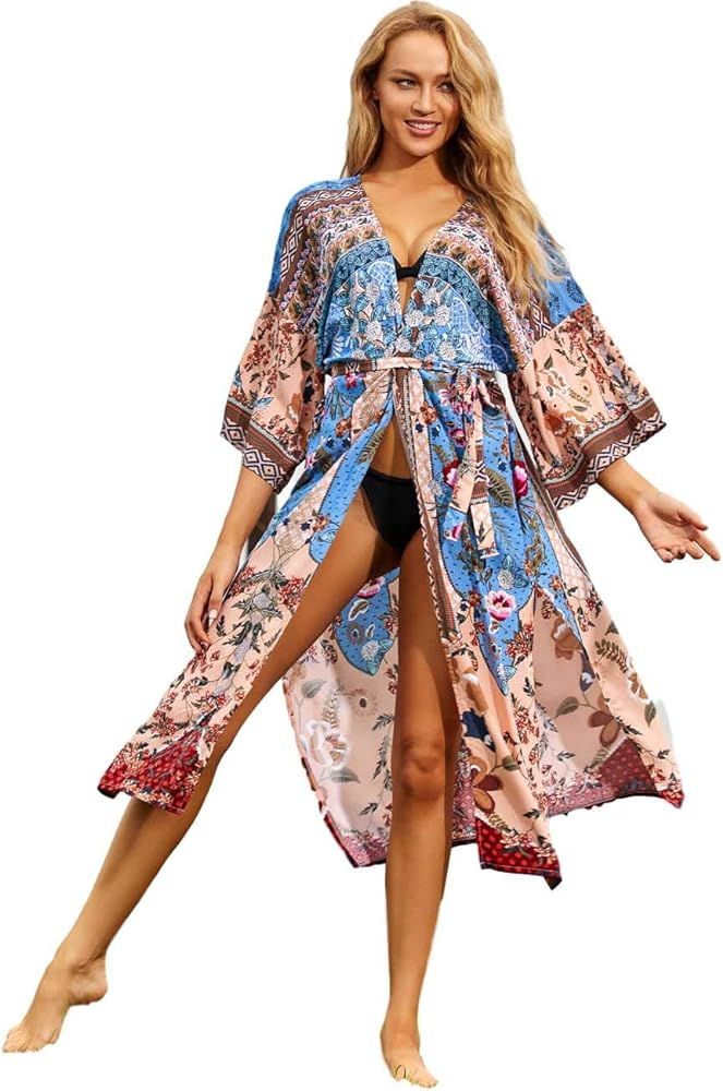 Women Beach Cover Ups Cardigan Blouse Kimono Rayon Open Front with Belt Floral Printed Cover Boho... | Amazon (US)