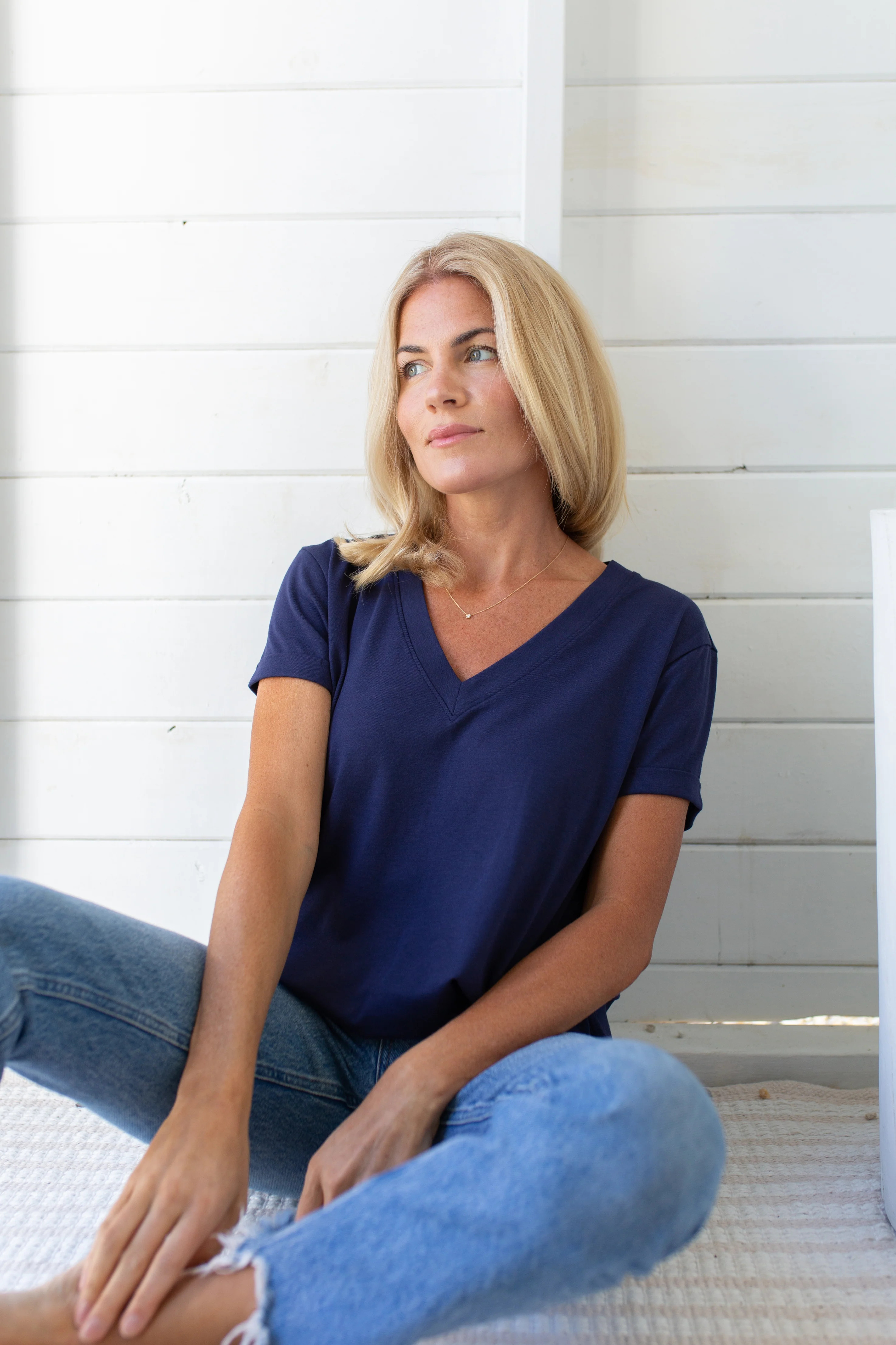 Short Sleeve Roller V Neck Tee - Evening Blue | Marea