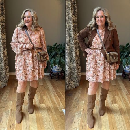 Cutest flirty dress! Would be great dresses up with gold shoes and belt too for a wedding guest dress. I’m
Wearing an XL but I could def have gone the L
Boots size up 1/2
Blazer 30% off with code NANETTE30 until 10/2. After that code NANETTE10 for 10% off
Yup. That’s my new bag from Florence. 
Belt size Medium. 

#LTKSeasonal #LTKfindsunder100 #LTKwedding
