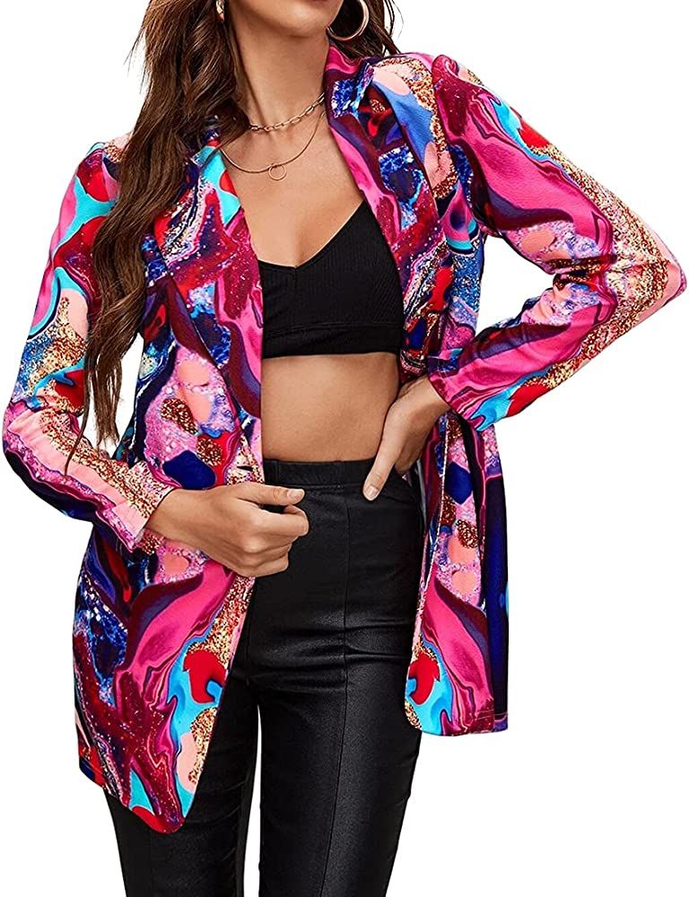 FLYCEHN Women Open Front Blazer Pop & Art Print Lapel Neck Long Sleeve Suit Jacket | Amazon (US)