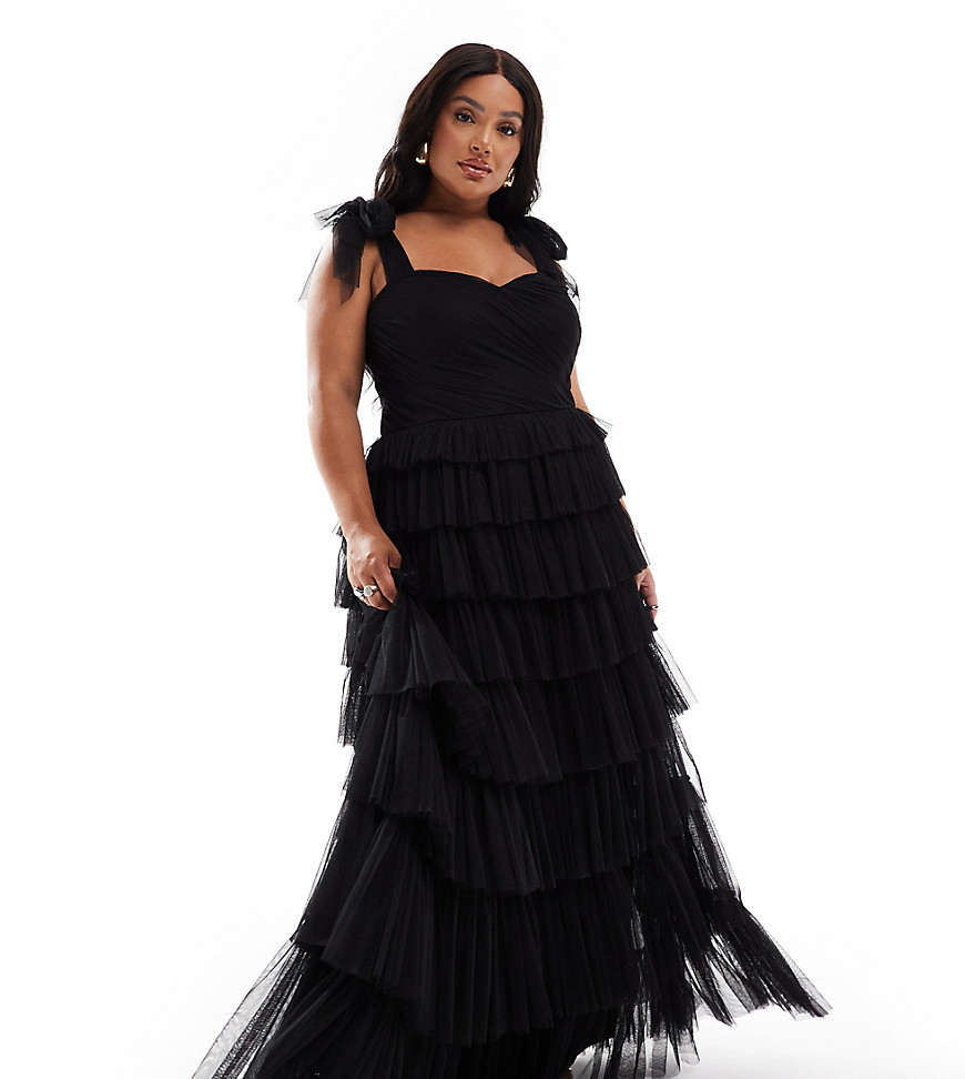 Lace & Beads Plus bow shoulder ruffle maxi dress in black | ASOS (Global)
