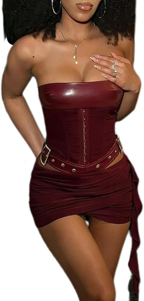 Sexy Two Piece Outfits for Women Off the Shoulder Leather Tube Top High Waist Ruched Mini Skirt S... | Amazon (US)