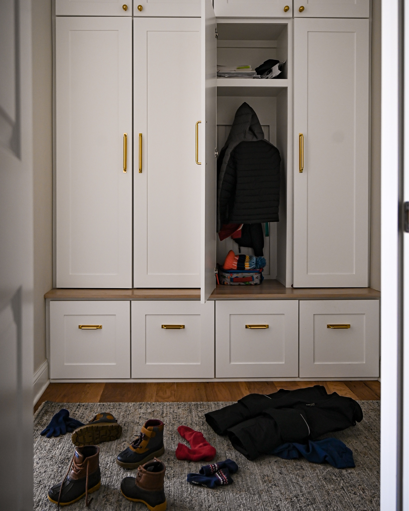 Real life family mudroom on a snowy day.

Mudroom design, cabinet hardware, white cabinets, drop zone

#LTKSeasonal #LTKhome #LTKfamily
