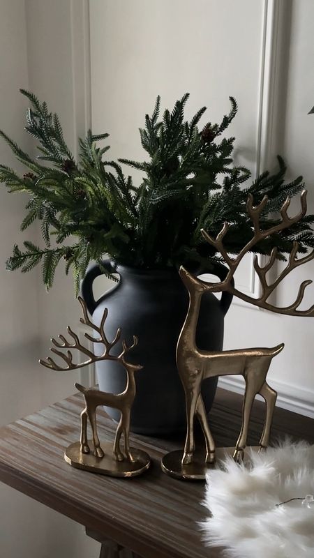 Designer dupes for less, lux for less home decor style! Gold reindeer came from biglots, can’t link but they are identical to pottery barns viral reindeer and exactly like Walmarts linked here in black! The Norfolk stems are shorter but exactly the same with a green color variation just remove the pinecones. 

#LTKSeasonal #LTKHoliday #LTKfindsunder50
