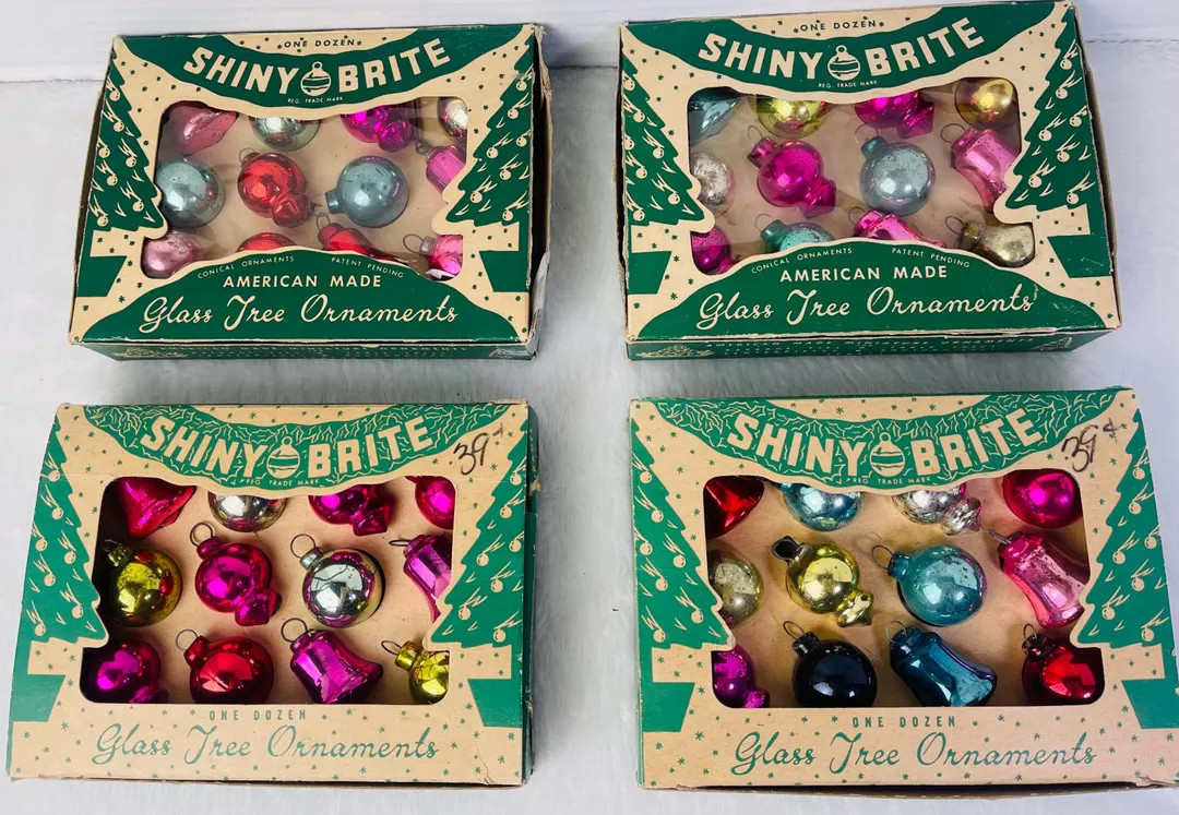 Vintage Shiny Brite 1 Dozen 1" Miniature Mercury Glass Ornaments w Original Box Balls Bells Lante... | Etsy (US)