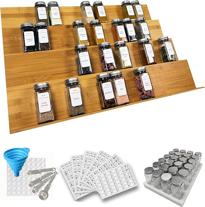 Spice Drawer Organizer with Jars and Labels - Bamboo Spice Rack For Drawer - Spice Organization F... | Amazon (US)
