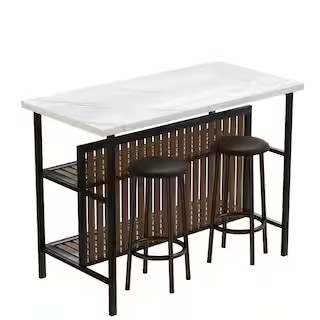 Greenwood Marble White Kitchen Island Set with Faux Marble Top and 2 Stools | The Home Depot