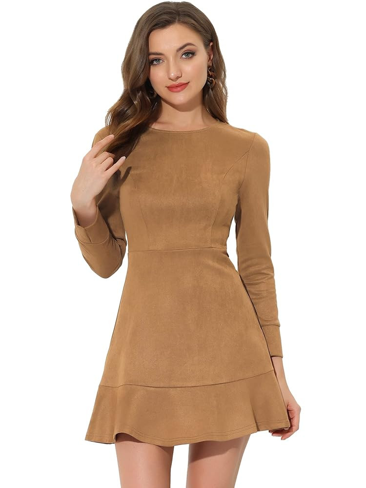 Allegra K Women's Faux Suede Round Neck Elegant Long Sleeve Ruffle Dress | Amazon (US)