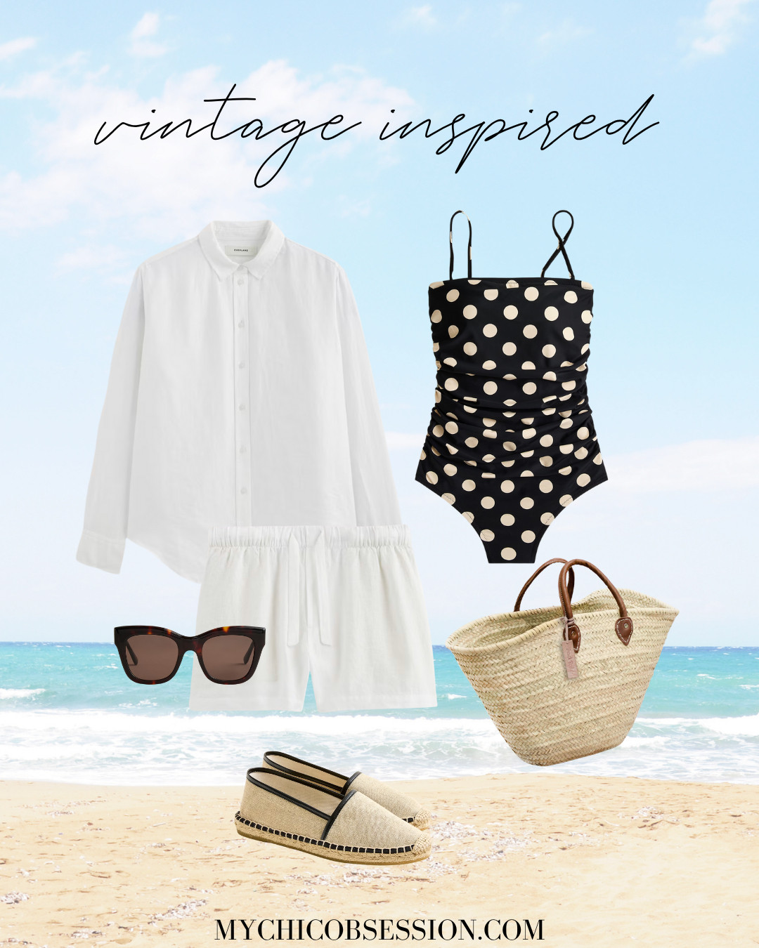 Style a vintage-inspired summer outfit with a polka dot one-piece swimsuit, a coordinating set of a linen shirt and shorts, a woven tote bag, sunglasses, and espadrille flats. 

 #LTKSeasonal #LTKStyleTip #LTKSwim