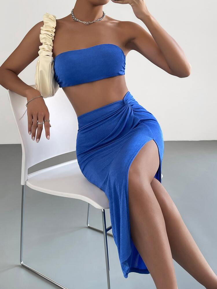 SHEIN BAE Crop Tube Top & Twist Split Thigh Skirt | SHEIN