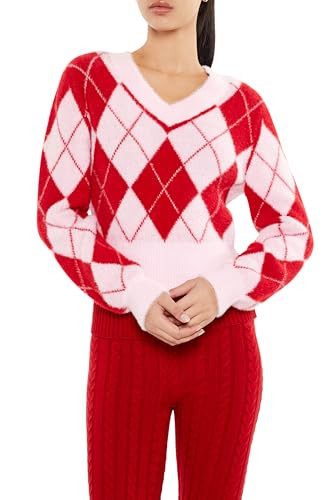 Forever 21 Women's Argyle Fuzzy Knit Sweater Pink/Red X-Small | Amazon (US)