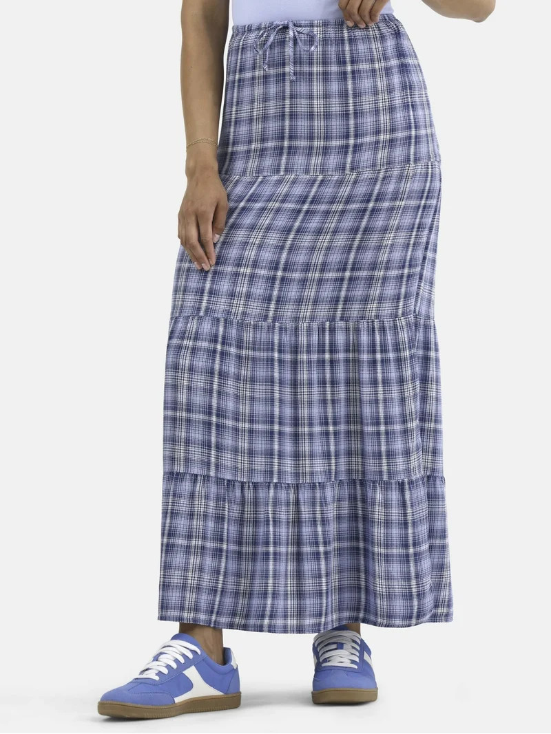 No Boundaries Woven Plaid Tiered Maxi Skirt, Women's - Walmart.com | Walmart (US)