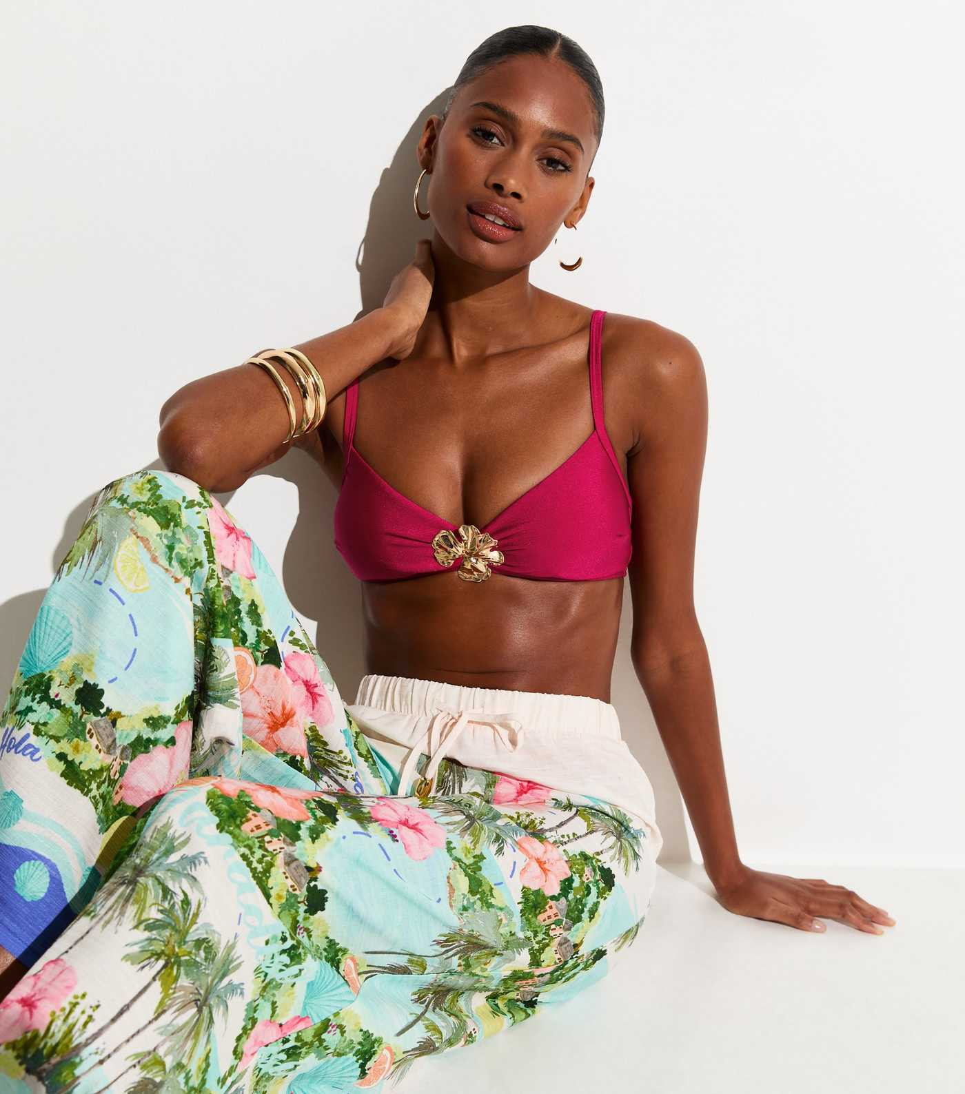 Dark Pink Gold Hibiscus Crop Bikini Top | New Look | New Look (UK)