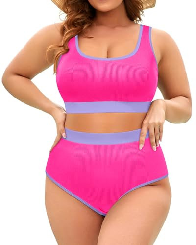 Tempt Me Women Pink Purple Plus Size High Waisted Bikini Set Two Piece Swimsuit Full Coverage Sporty 2 Piece Bathing Suits 20 Plus | Amazon (US)