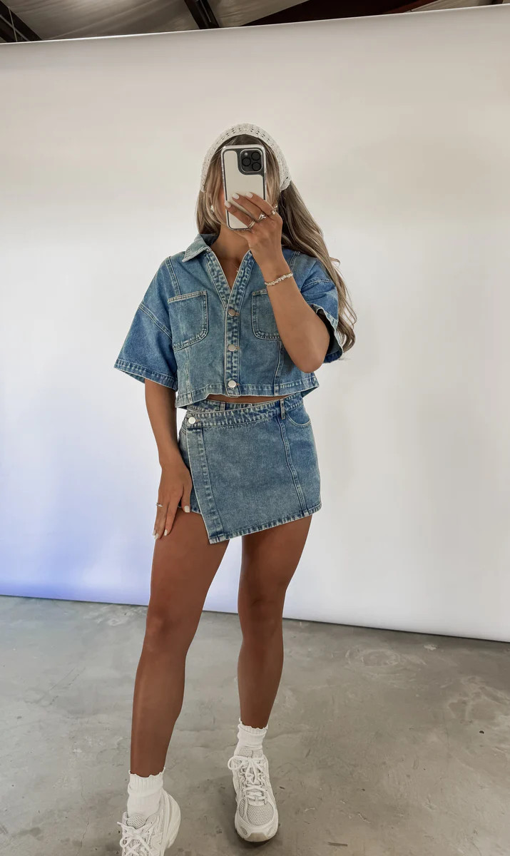 Sienna Soul Denim Collared Crop Top & Wrap Skort | CK Squared Boutique