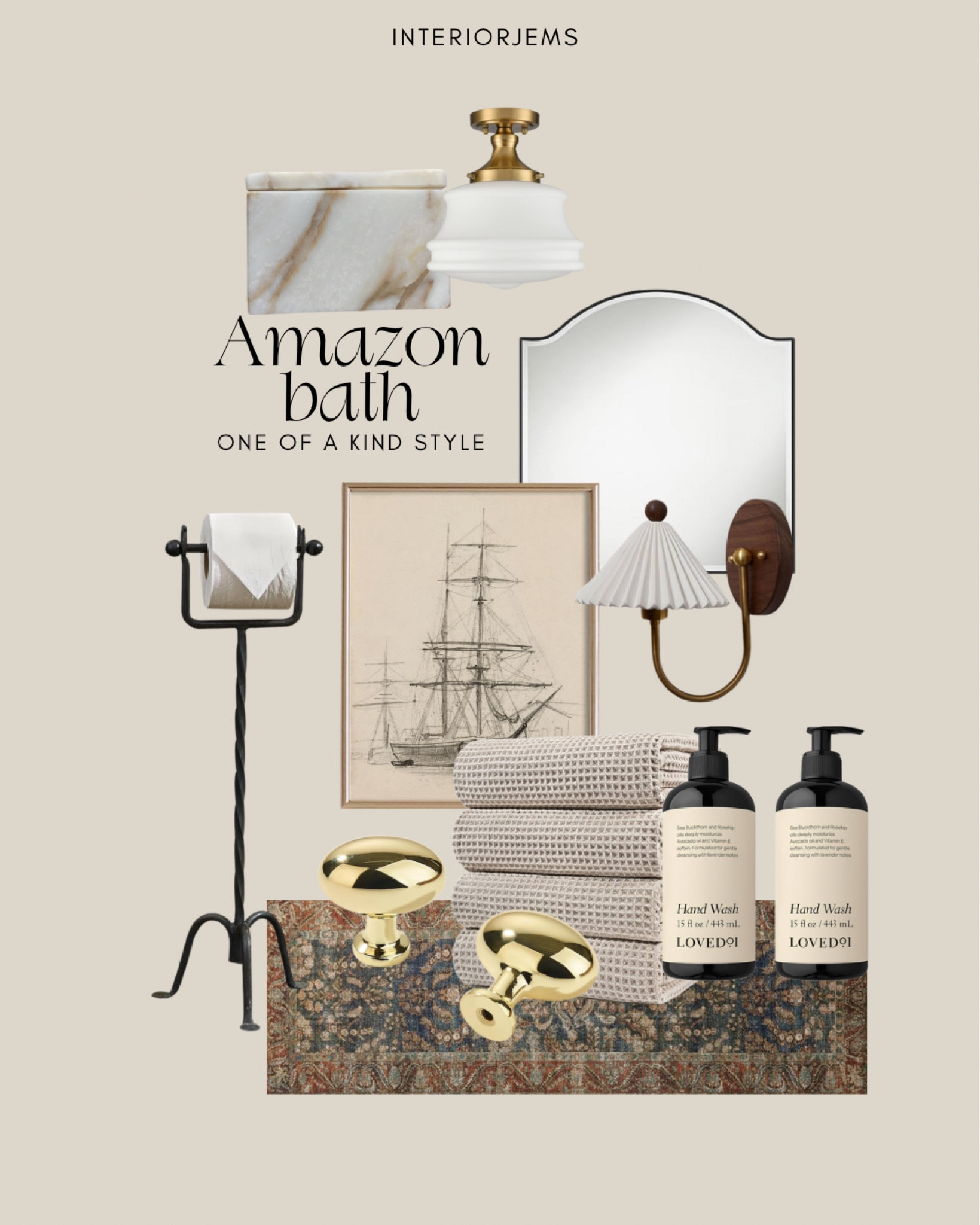 Amazon bath, affordable, bathroom, design, hand soap, vintage style, sketch, art, look for less wall mirror, bathroom, mirror, ceiling, light, bathroom, light, wall, sconces, vintage like wall, sconces, love this iron floor, toilet paper holder, and lacked brass trending style hardware, knobs, waffle, bath, towels, marble dish, vintage style runner Loloi rug 

#LTKHome #LTKSaleAlert #LTKStyleTip