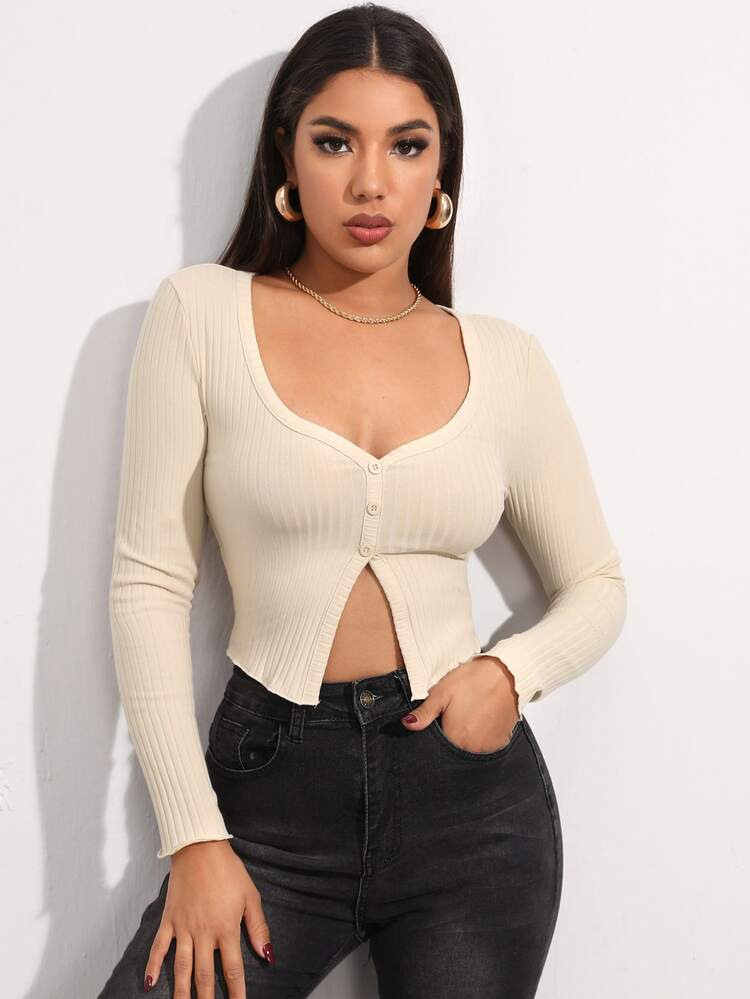 Button Front Rib-knit Slim Top | SHEIN