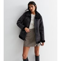 Women's Black Leather-Look Faux Fur Collared Aviator Jacket New Look | New Look (UK)