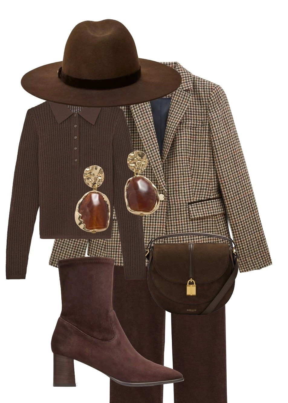 Brown is the new black - from 9-5 workdays in the city or weekend play in the country, partner this elegant brown wool houndstooth jacket by Hobbs London with the Reiss brown polo knit, Boden brown 5 pocket corduroy trousers, Joules brown Fedora hat, John Lewis brown and gold statement drop earrings, saddle crossbody bag by De Mellier London and Harp brown heeled ankle boots by LK Bennett London (take 15% off all full price styles at LKB with my discount code REBECCALIPKINAUTHOR15 

#LTKautumn #LTKeurope #LTKuk