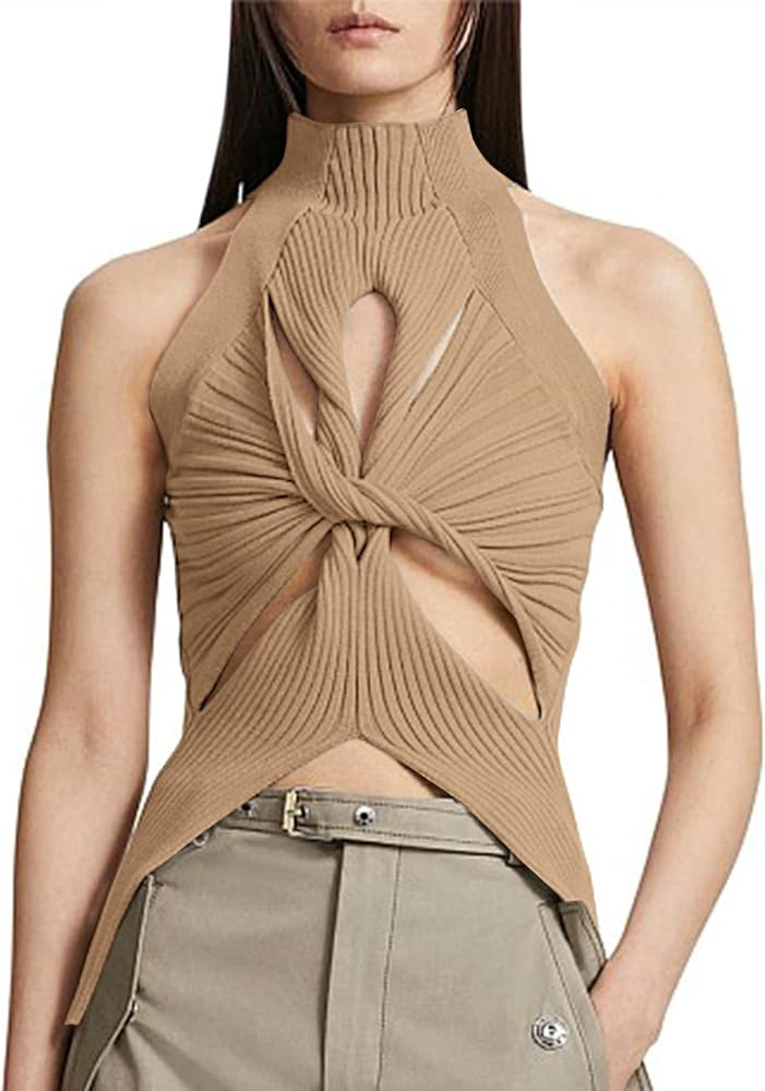 SAFRISIOR Women Sexy Hollow Out Twist Front Knitted Tank Tops Sleeveless High Neck Cut Out Sweate... | Amazon (US)