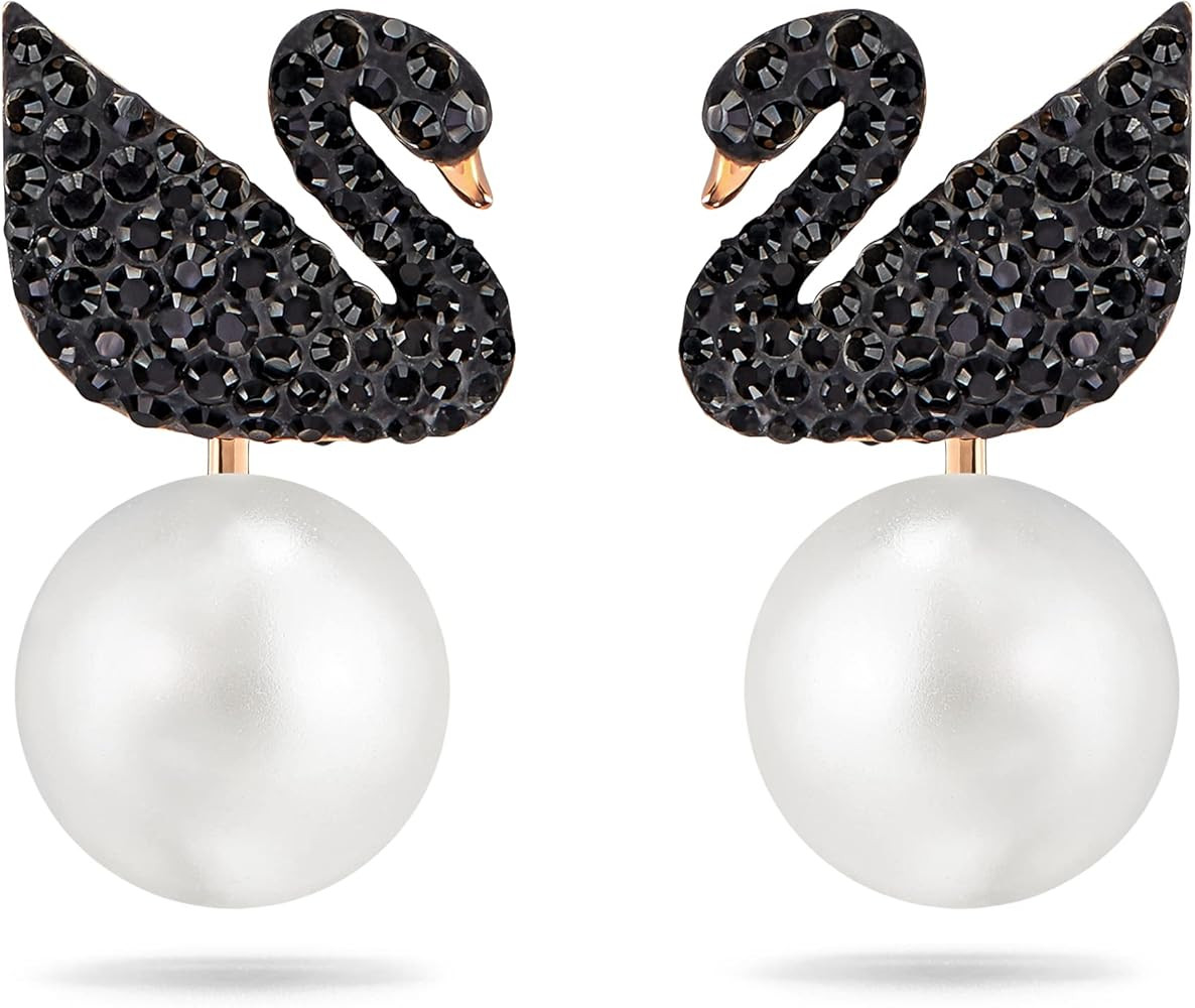 SWAROVSKI Iconic Swan Necklace and Earrings Collection, Rose Gold Tone Finish, Black Crystals | Amazon (US)
