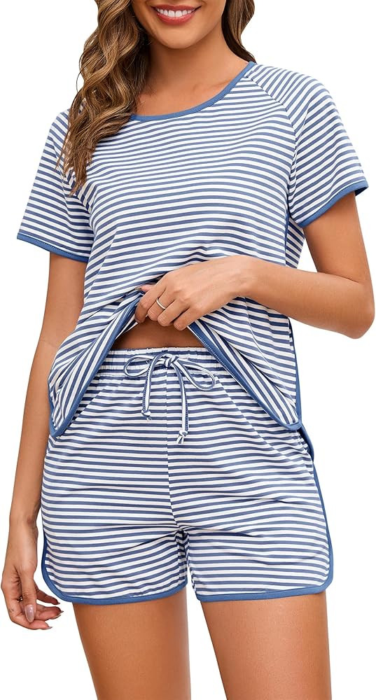Cotton Pajama Sets for Women 2 Piece Lounge Set Stripe Pj Set Loungewear Short Sleeve Top and Sho... | Amazon (US)