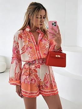 Amazon.com: ksotutm Womens 2 Piece Outfits Boho Lantern Sleeve Button Down Floral Print Shirt Sho... | Amazon (US)