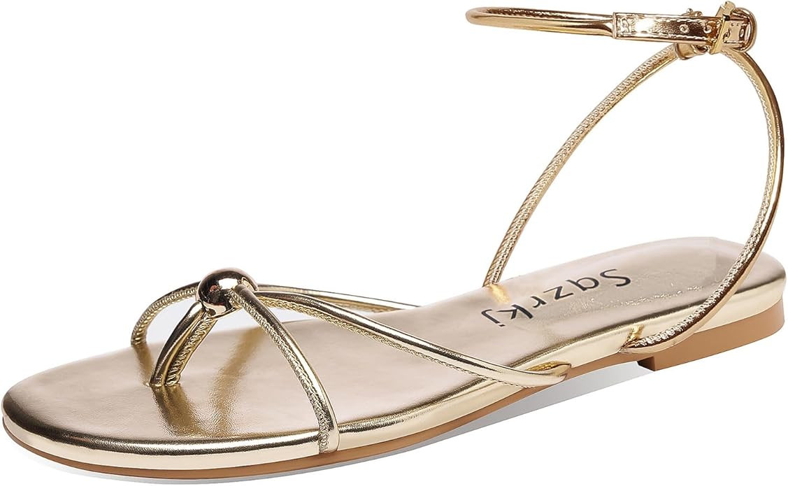 Strappy Flat Sandals for Women Comfortable Open Toe Ankle Strap Thong Sandals Summer Beach Dressy... | Amazon (US)