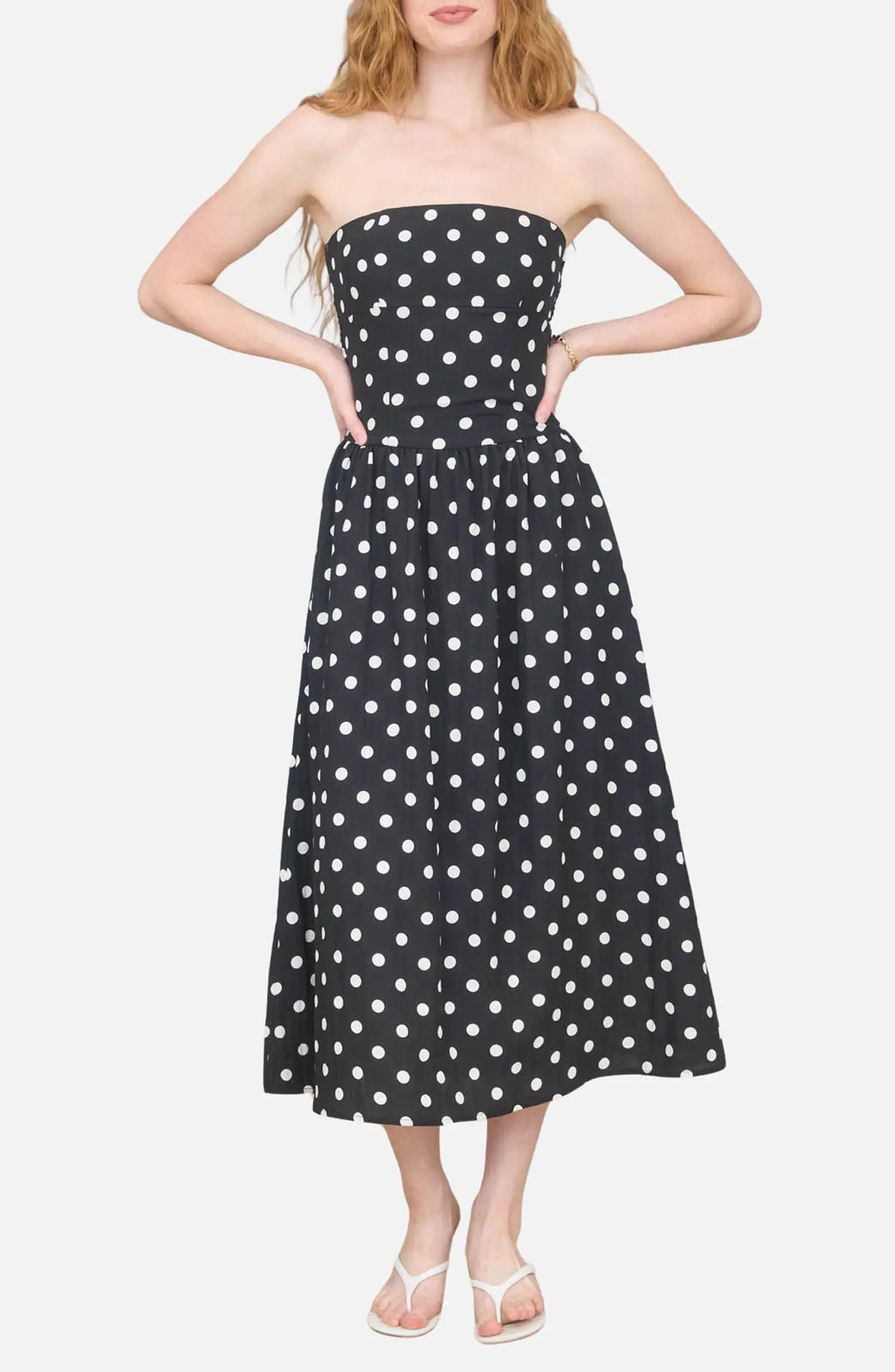 Blu Pepper Polka Dot Strapless Midi Dress | Nordstromrack | Nordstrom Rack
