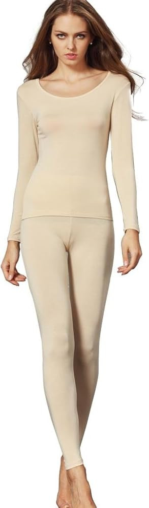 Liang Rou Women's Crewneck Long Johns Ultra Thin Modal Thermal Underwear Top & Bottom Set Apricot... | Amazon (US)