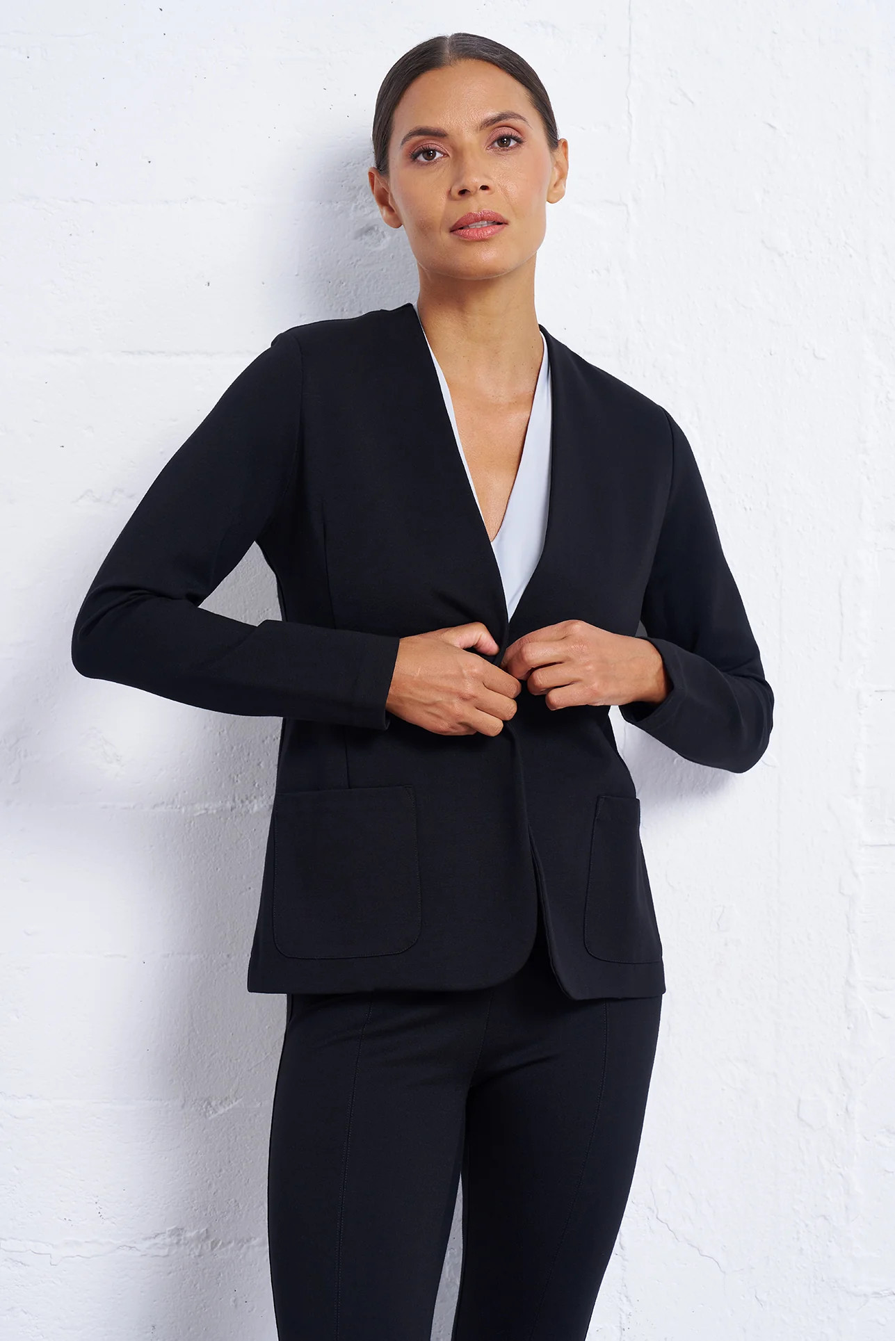 Modern Collarless Ponte Blazer – Four-Way Stretch, Wrinkle-Resistant | Franne Golde