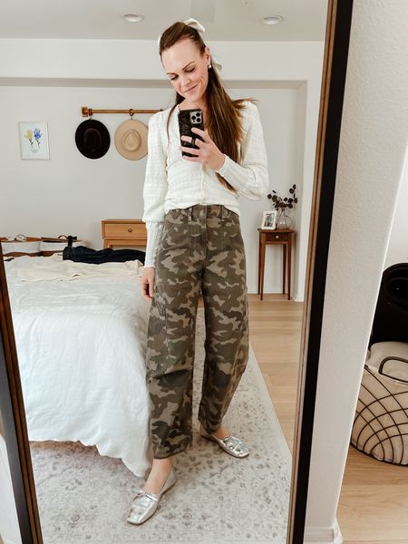 These camo pants have been on backorder since November and they finally arrived! They’re super lightweight and slightly bowed. They run big, I sized down to a 24. They have cargo detailing and pockets and fit slightly cropped on me (I’m 5’7”). I just ordered them in plain olive, too. 

#LTKSeasonal