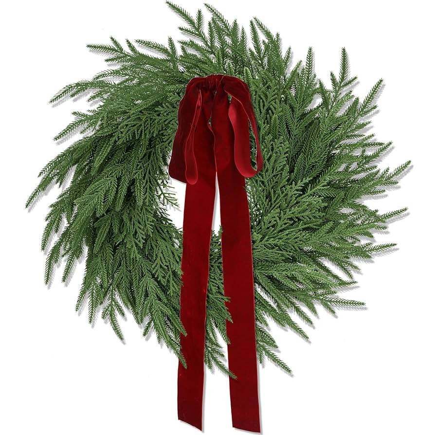 Artificial Norfolk Pine & Cedar Christmas Wreath with Velvet Bow – Real Touch Faux Greenery Hol... | Amazon (US)