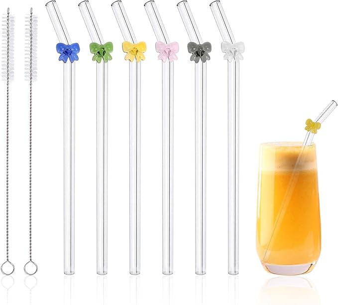 6 Pcs Reusable Glass Straws with 2 Cleaning Brushes, Cute Colorful Bow Glass Straws Shatter Resis... | Amazon (US)