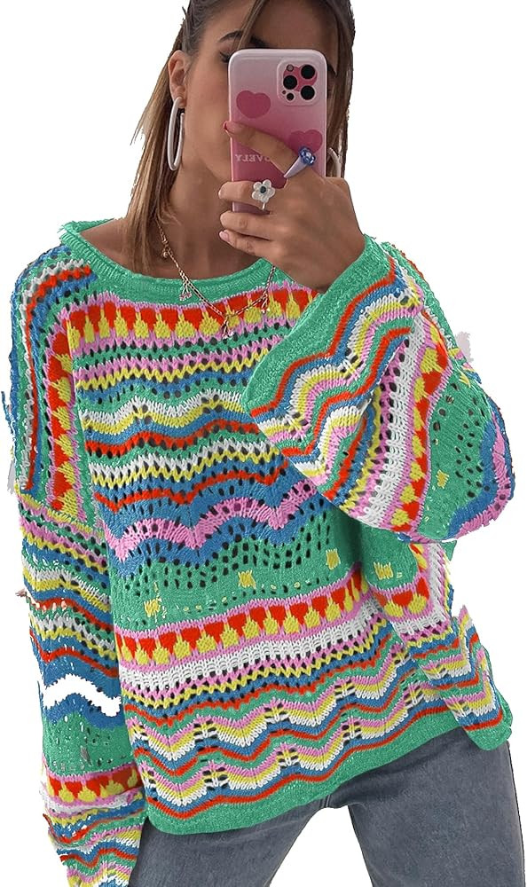 Floerns Women's Colorful Sweater Crochet Open Knit Long Sleeve Drop Shoulder Oversized Sweater | Amazon (US)