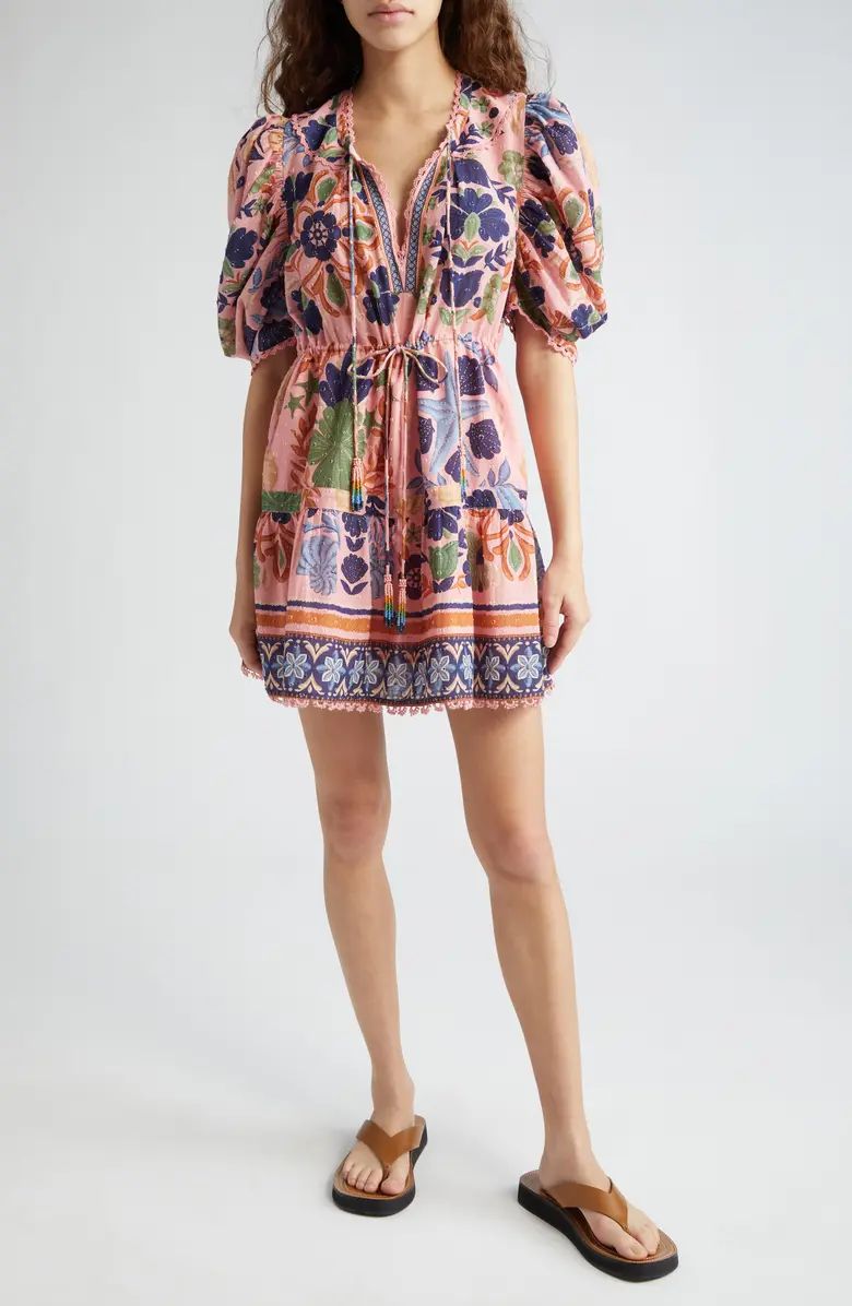 FARM Rio Seashell Tapestry Floral Clip Dot Puff Sleeve Minidress | Nordstrom | Nordstrom