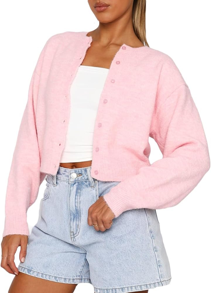 RUEWEY Women Y2k Crew Neck Button Down Long Sleeve Cropped Cardigan Knitted Sweater Light Jacket | Amazon (US)