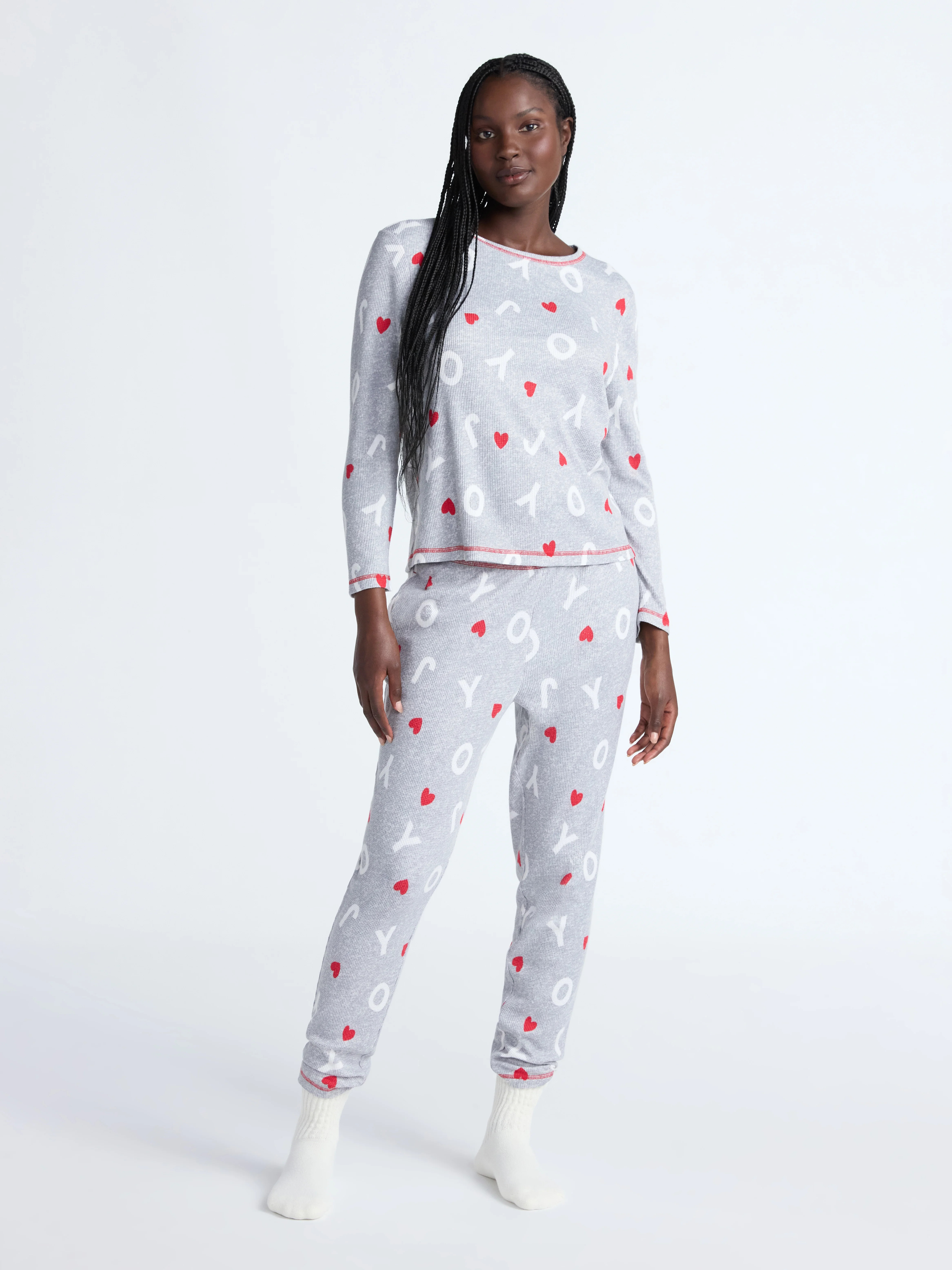 Joyspun Women's Waffle Knit Long Sleeve Top and Joggers Pajama Set, 2-Piece, Sizes S-3X | Walmart (US)