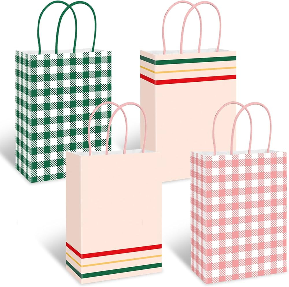 FYSUIMU 24Pcs Gingham Camp Paper Bag Pink Green Plaid Treat Bags with Handles Candy Goodie Bags f... | Amazon (US)