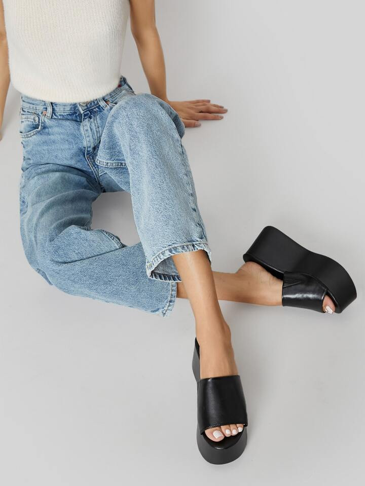 Faux Leather Platform Slip On Sandals | SHEIN
