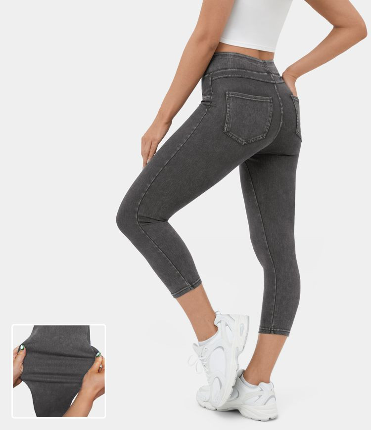 Women’s HalaraMagic™ High Waisted Back Side Pocket Stretchy Knit Denim Capri Casual Leggings ... | HALARA