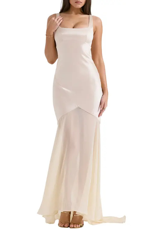 HOUSE OF CB Vittoria Paneled Satin & Chiffon Gown in Macademia at Nordstrom, Size X-Large | Nordstrom