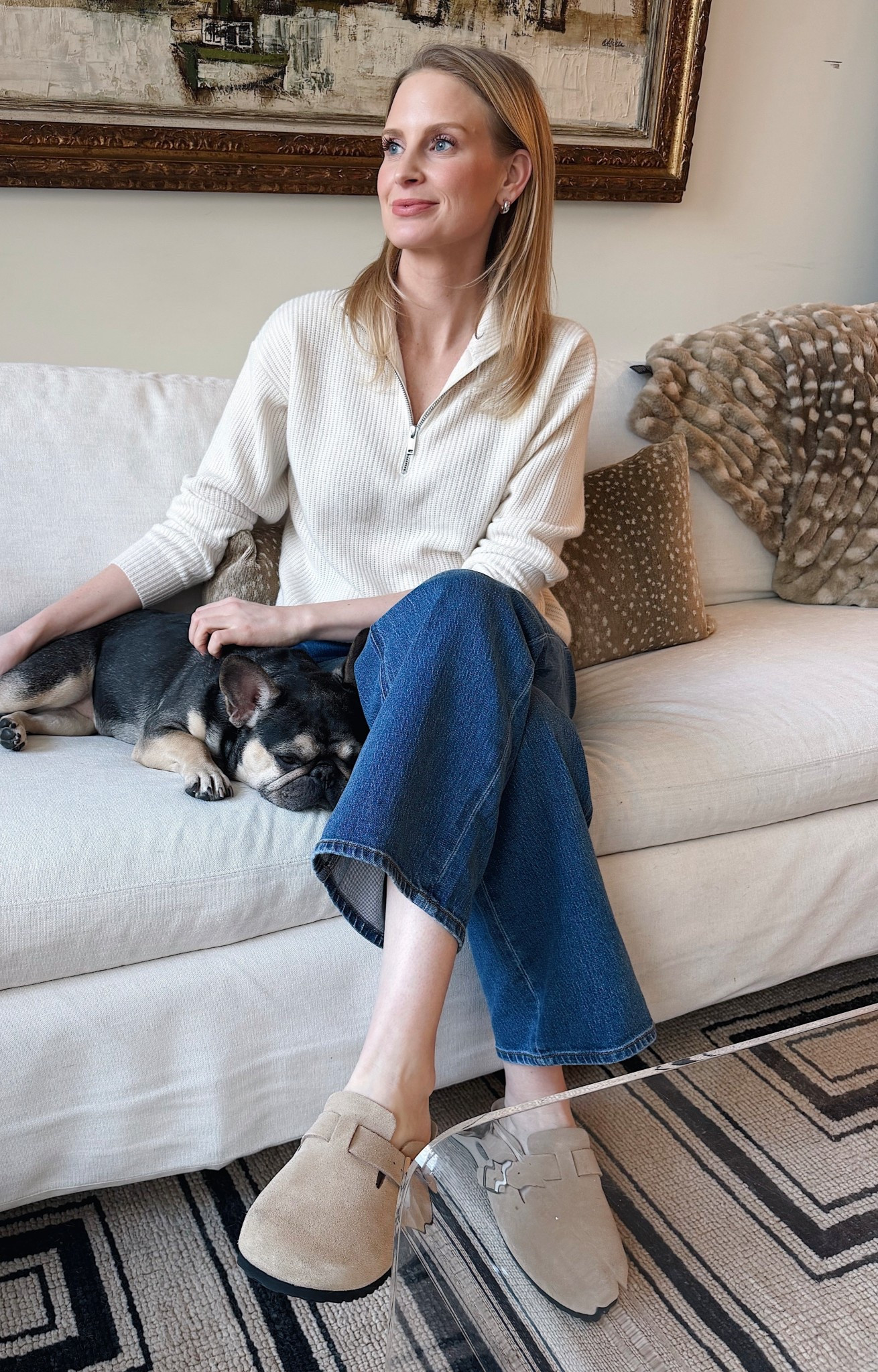 Build a more comfortable and wearable wardrobe on a budget with @onequince! This Mongolian cashmere half-zip, these stretchy straight leg jeans and these easy clogs make for the perfect, cozy work from home look! #QuincePartner 

#LTKootd