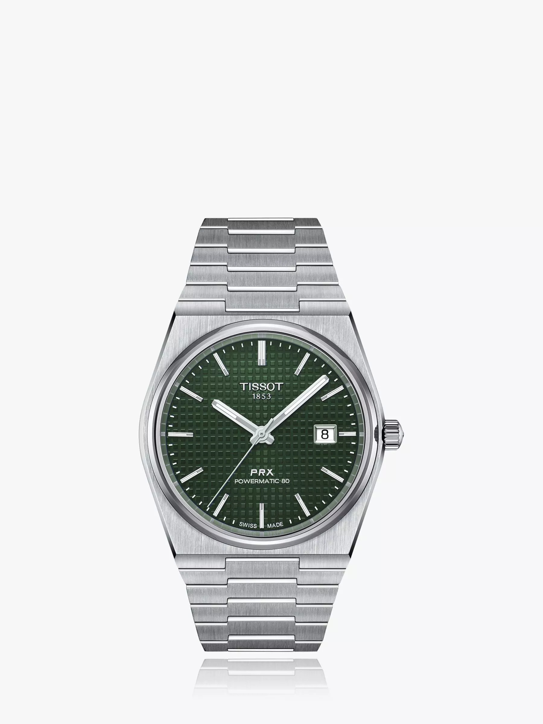 Tissot T1374071109100 Men's PRX Automatic Powermatic 80 Date Bracelet Strap Watch, Silver/Green | John Lewis (UK)