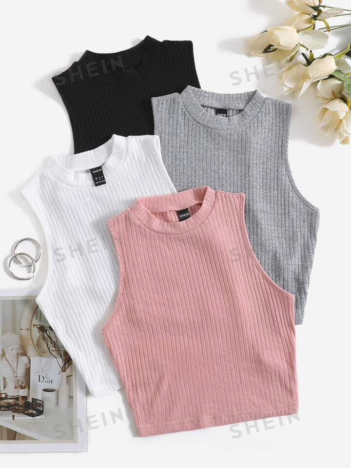 SHEIN EZwear 4pcs Mock Neck Rib Knit Tank Top | SHEIN