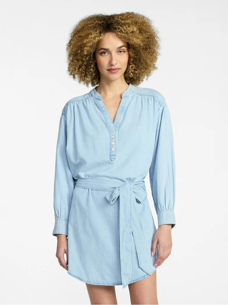 Time and Tru Women's Belted Denim Mini Shirtdress with Long Sleeves, Sizes XS-XXXL | Walmart (US)