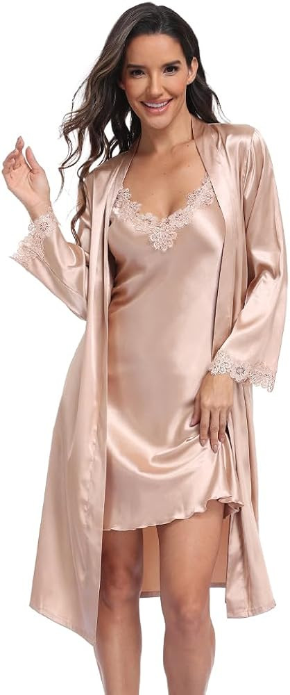 Women's Satin Silk Nightgown with Robes Set 2 Piece Sexy Lace Cami Nightwear Pajama Sets Kimono B... | Amazon (US)